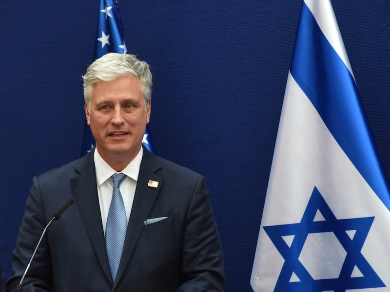 U.S. national security adviser Robert O’Brien speaks about the Israeli-United Arab Emirates peace accords in Jerusalem.