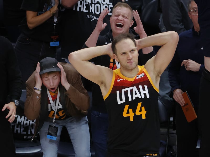 Utah Jazz forward Bojan Bogdanovic reacts along with the fans after missing a game-winning shot against Dallas in Salt Lake.