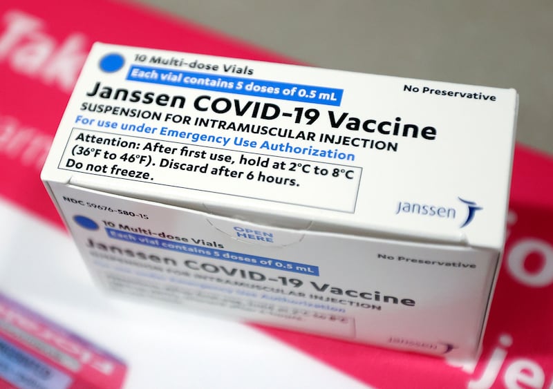 A box of the Johnson & Johnson COVID-19 vaccine is pictured at Jolley’s Compounding Pharmacy in Salt Lake City.