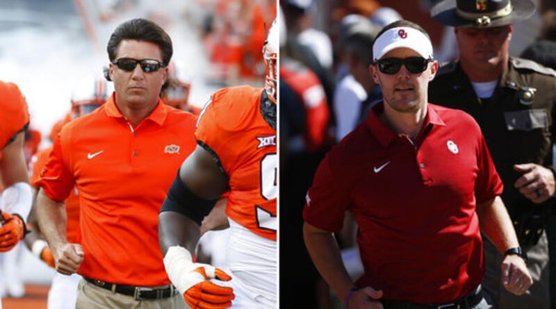 FILE - At left, in an Aug. 31, 2017, file photo, Oklahoma State head coach Mike Gundy runs onto the field before an NCAA college football game against Tulsa, in Stillwater, Okla. At right, in an Oct. 14, 2017, file photo, Oklahoma head coach Lincoln Riley