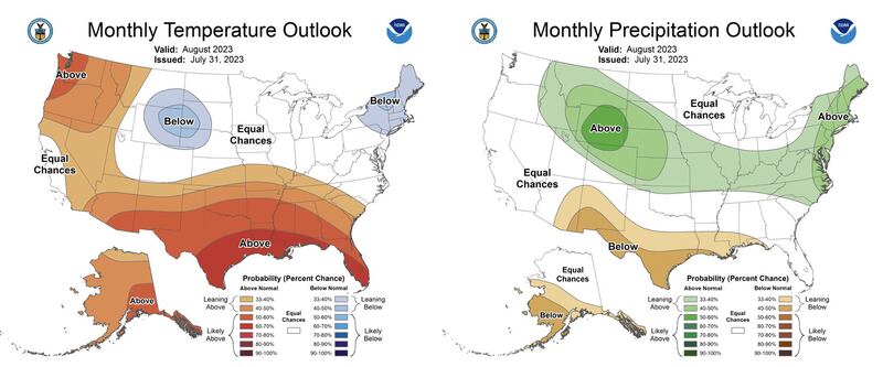 These maps show the long-range temperature (left) and precipitation (right) probabilities in the U.S. this August.