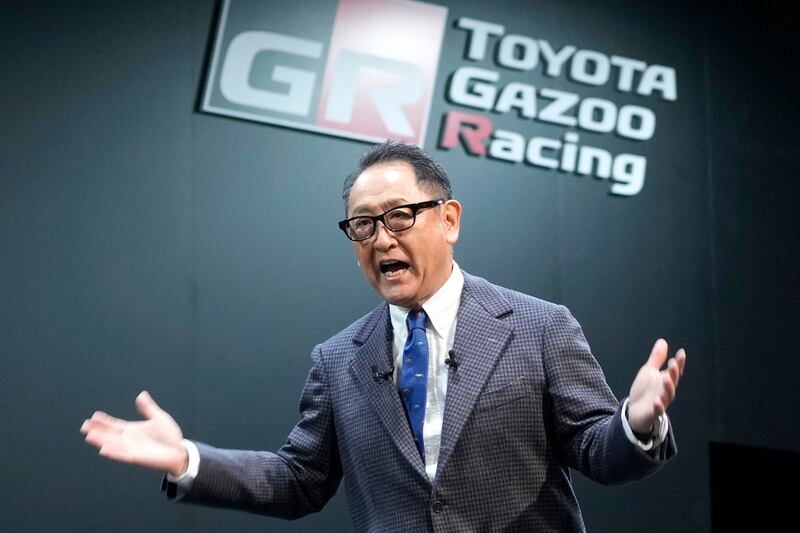 Toyota Motor Corp. Chief Executive Akio Toyoda delivers a speech on the stage at the Tokyo Auto Salon.