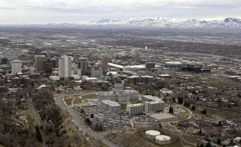 The Utah State Capitol in the foreground and the Salt Lake Valley.