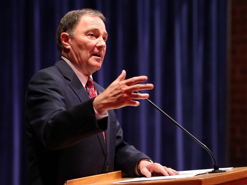 FILE - Gov. Gary R. Herbert speaks at Joel P. Jensen Middle School in West Jordan on Wednesday, April 8, 2015. Herbert has signed a resolution asking Utah's congressional delegation to support shrinking southern Utah's Grand Staircase-Escalante National M