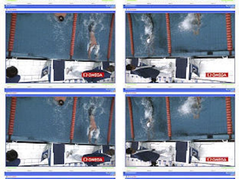 This photo sequence released by the Beijing Olympics official timekeeper Omega shows United States' swimmer Michael Phelps and Serbia's Milorad Cavic, at the finish of their 100-meter butterfly race at the Beijing Olympics, Saturday Aug. 16. The group of