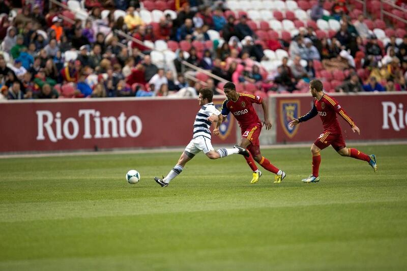 BYU soccer player Colby Bauer competes in a friendly against Real Salt Lake earlier this season.