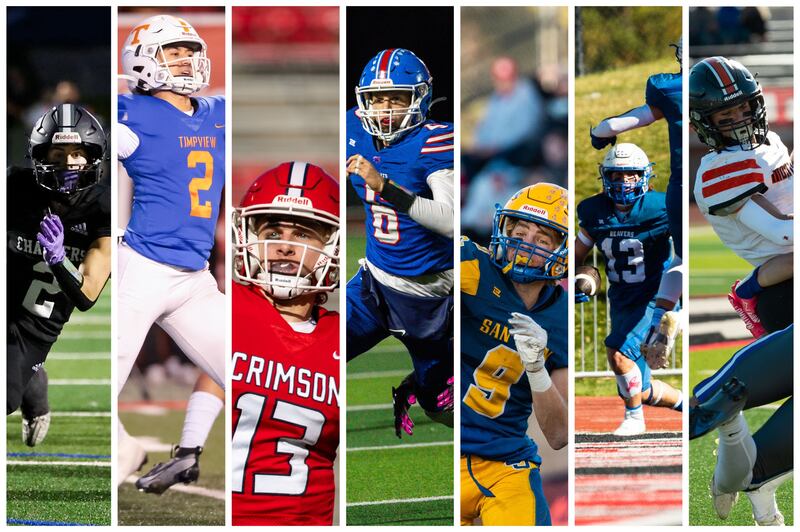 From left to right: Corner Canyon’s Tate’s Kjar, Timpview’s Helaman Casuga, Crimson Cliffs’s Steele Barben, Richfield’s Reggie Hafen, San Juan’s Parker Snyder, Beaver’s Kutlur Matheson, and Rich’s Jaden Desch