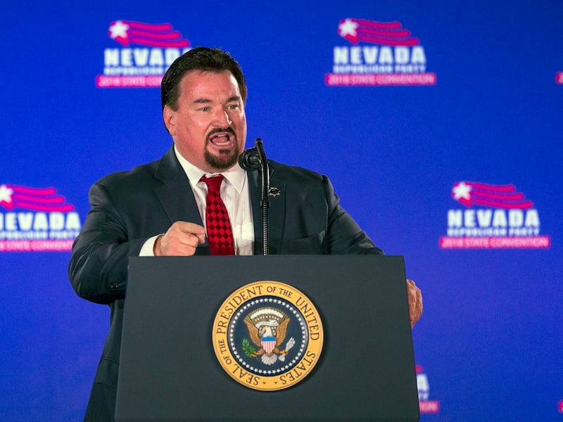 Nevada state GOP Chairman Michael McDonald introduces President Donald Trump before Trump speaks at the Nevada Republican Party Convention in 2018 in Las Vegas.