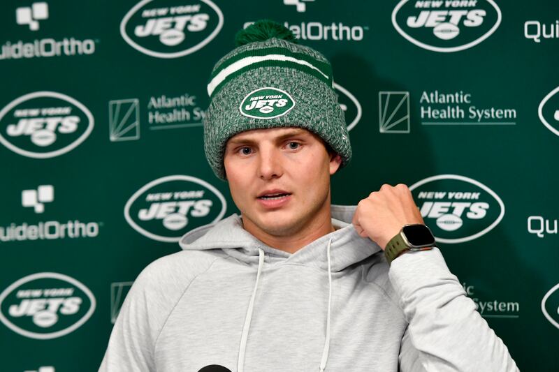 New York Jets quarterback Zach Wilson meets with reporters after the team’s game against the Buffalo Bills in Orchard Park, N.Y., Sunday, Nov. 19, 2023.