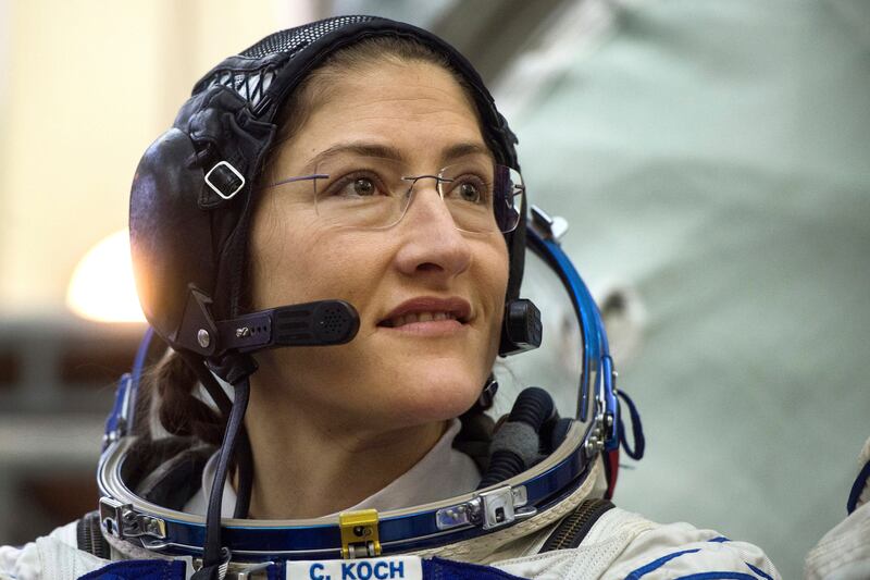 U.S. astronaut Christina Hammock Koch, a member of the International Space Station (ISS) expedition, attends her final exam at the Gagarin Cosmonauts' Training Center in Star City outside Moscow, Russia, Wednesday, Feb. 20, 2019. Koch and Nick Hague along