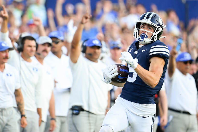 BYU receiver Cody Hagen runs after a catch during game against Portland State, Saturday, Aug. 30, 2025 in Provo.