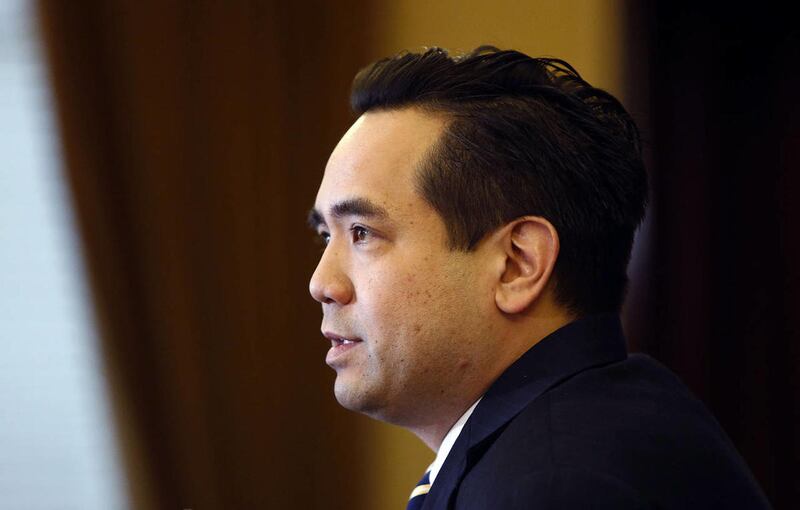 Utah Attorney General Sean Reyes holds a press conference at the Capitol in Salt Lake City, Monday, Jan. 6, 2014. Reyes walked one door down from his office in the Capitol and filed to run for election Wednesday.