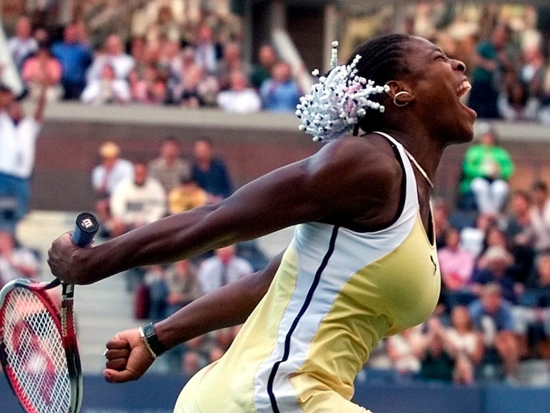 Serena Williams celebrates after defeating Lindsay Davenport in the women’s singles semifinals at the U.S. Open on Friday, Sept. 10, 1999, in New York.
