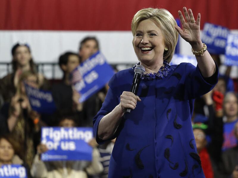Democratic presidential candidate Hillary Clinton waves to supporters before speaking during a rally, Wednesday, March 2, 2016, in New York. (AP Photo/Julie Jacobson)