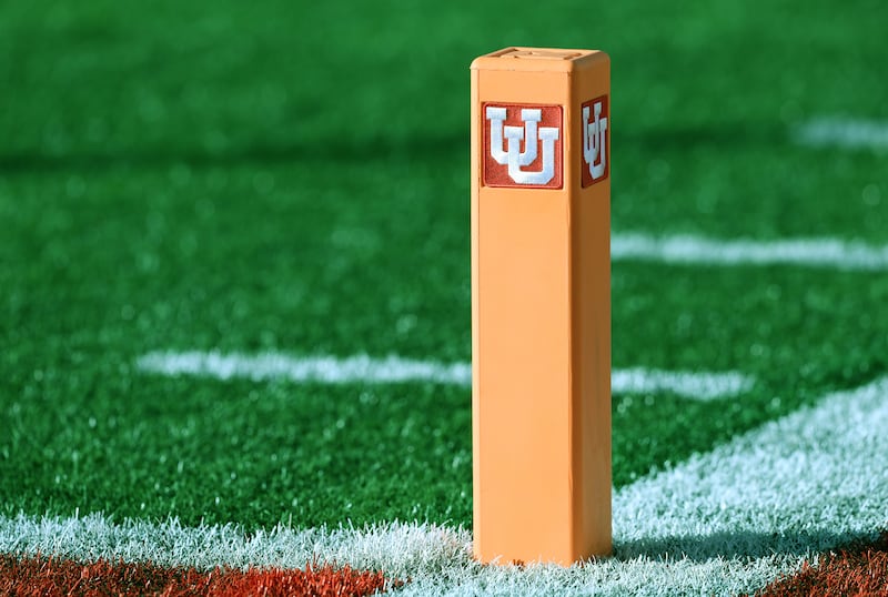 A goal line pylon stands on the field as the Utes and Trojans prepare to play at Rice Eccles Stadium in Salt Lake City on Saturday, Oct. 15, 2022.