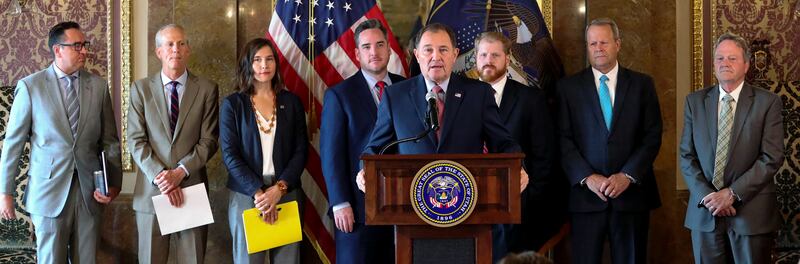 Gov. Gary R. Herbert is joined by legislative and local elected leaders as he discusses consensus recommendations for the Utah Inland Port from the Gold Room at the Capitol in Salt Lake City on Gov. Gary R. Herbert is joined by legislative and local elect