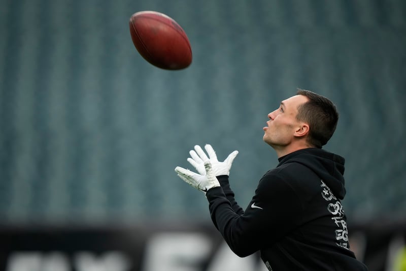 Philadelphia Eagles’ Britain Covey warms up before a game on Monday, Dec. 25, 2023.