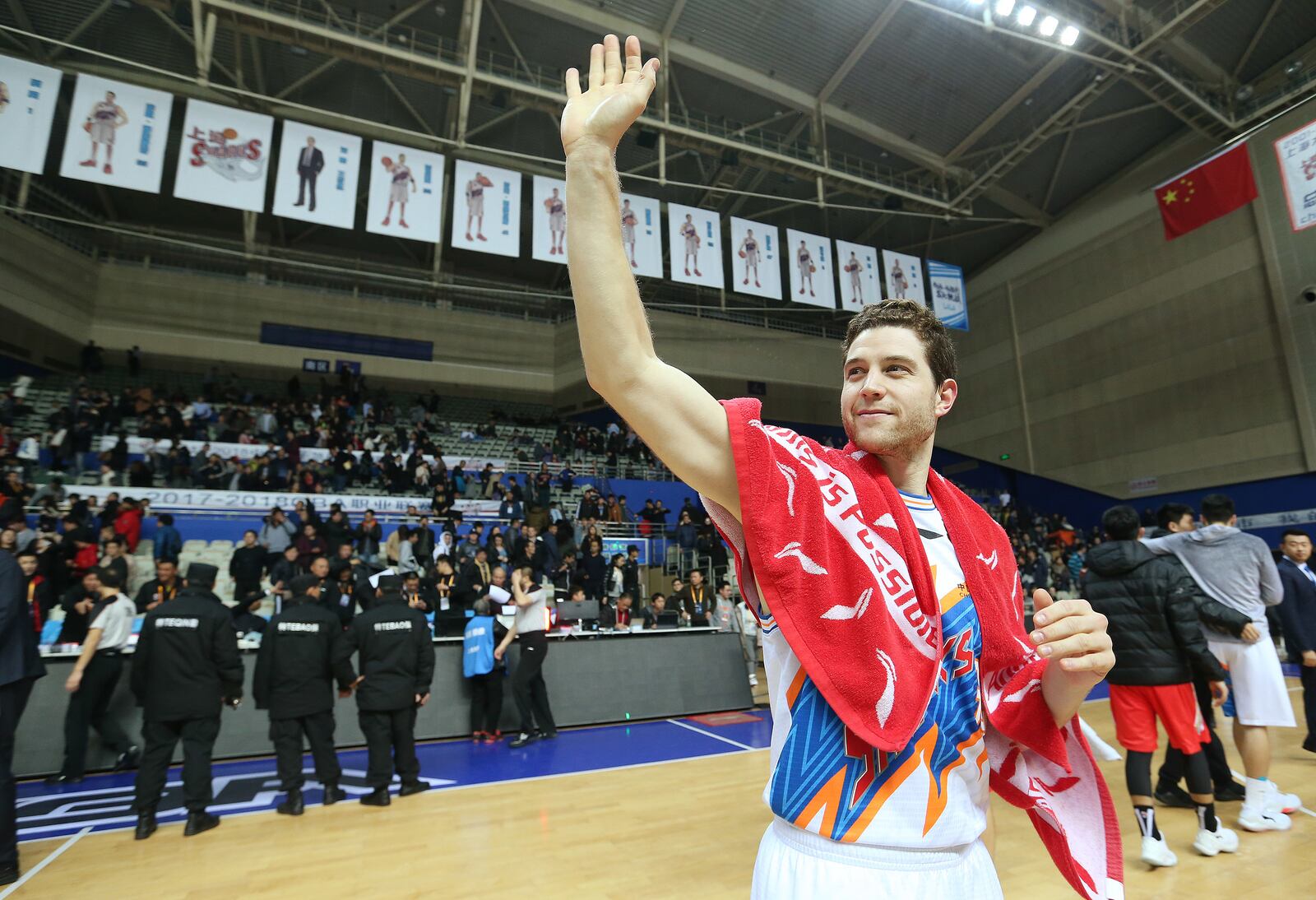 Jimmer Fredette waves to fans after the game with the Bayi Rockets in Shanghai, China, on Jan. 19, 2018. Fredette is a former BYU Cougar and now plays for the Shanghai Sharks in the Chinese Basketball Association.