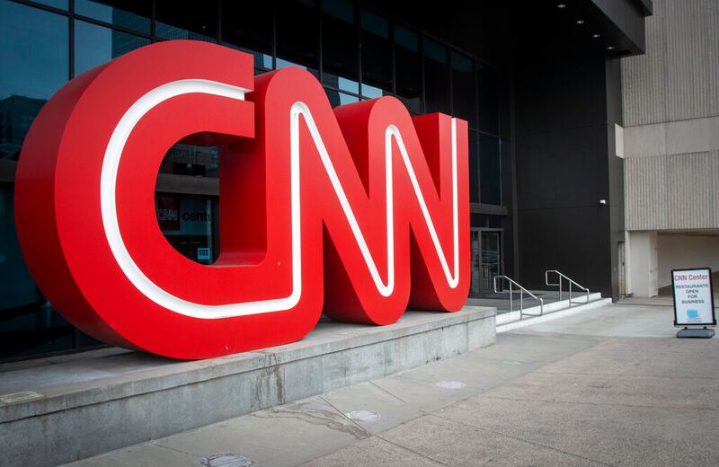 The CNN logo is displayed at the entrance to the CNN Center in Atlanta.
