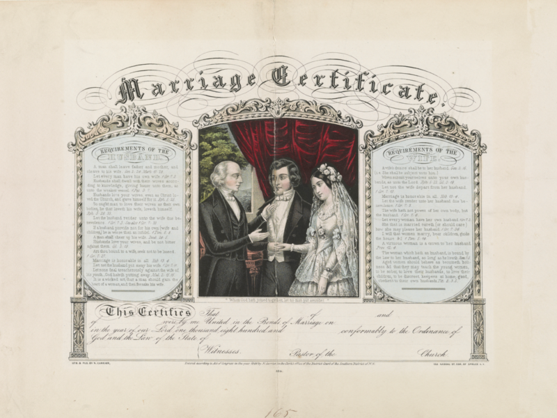A physical copy of a marriage certificate with a couple depicted on it.