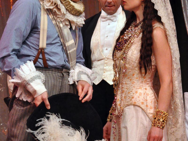 In this theater image released by Shirley Herz Associates, from left, Max Gordon Moore, Jonathan Hammond and Janie Brookshire are shown in a scene from George Bernard Shaw’s "Man and Superman," currently performing off-Broadway at the Irish Repertory Thea