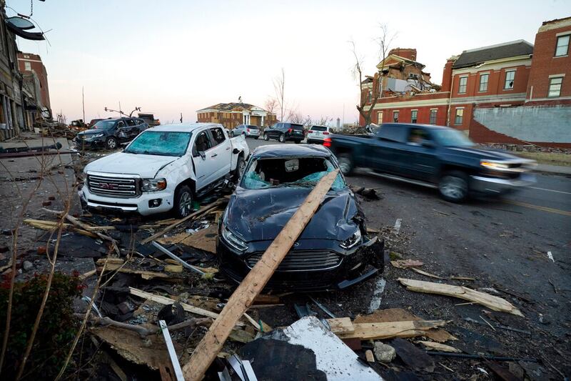 Damaged cars in Mayfield, Kentucky.