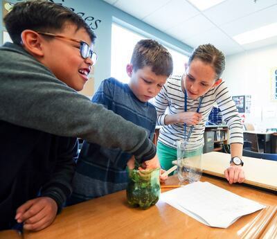 Edgar Osorio, Aisdon Cooper and third-grade teacher Jessica Beus check on a terrarium at Midvale Elementary School on Wednesday, April 24, 2019.