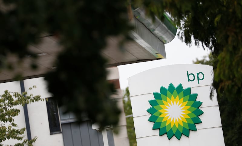In this file photo datedAug. 4, 2020, the logo of British Petroleum, BP, adorns a petrol station in west London.