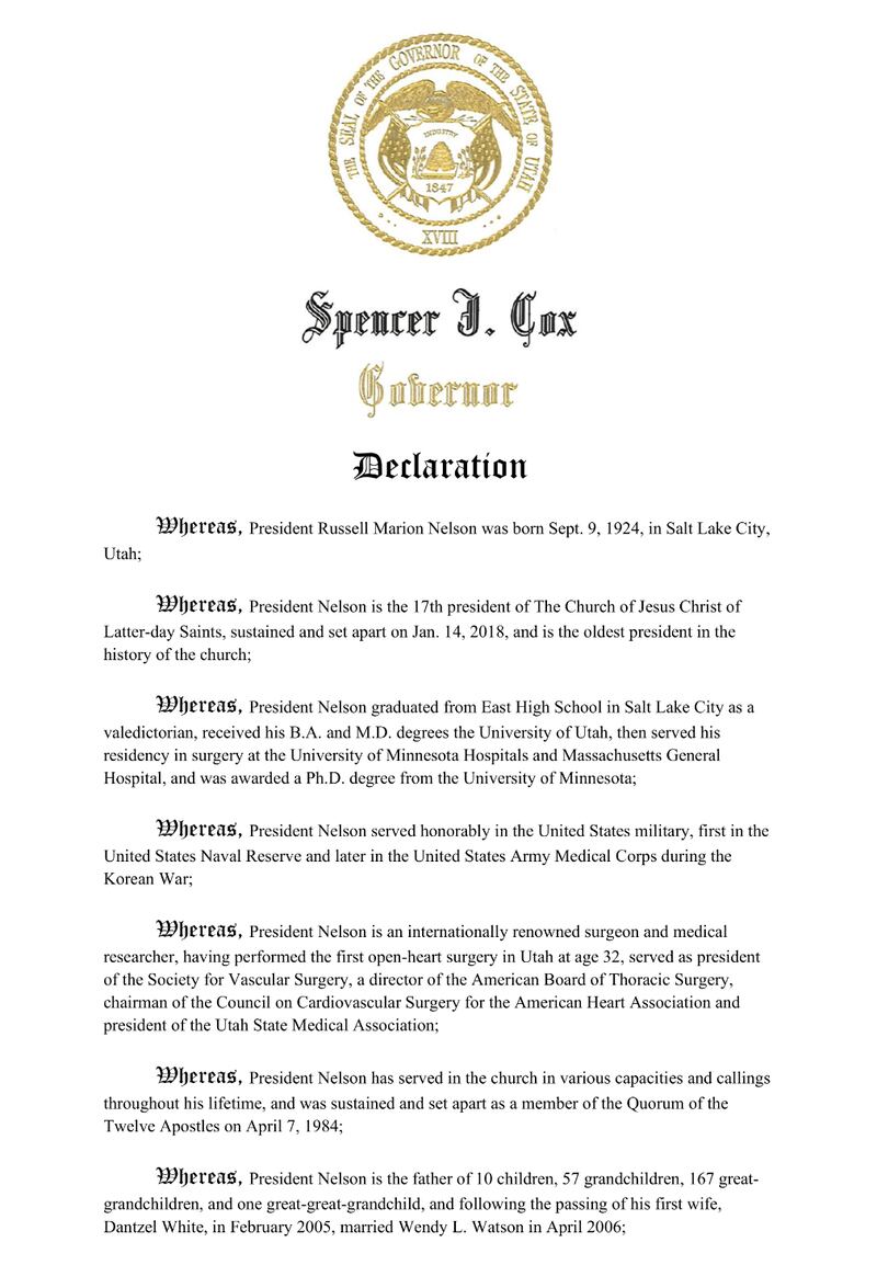 The first page of the declaration that Sept. 9, 2024, was "President Russell M. Nelson Day" in Utah.