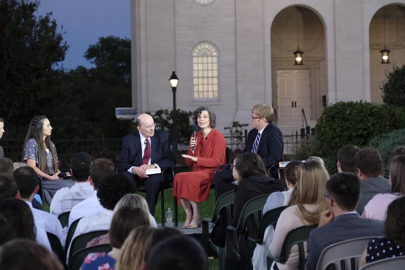 Historian Kate Holbrook speaks during a worldwide “Face to Face” broadcast outside the Nauvoo Illinois Temple in 2018.