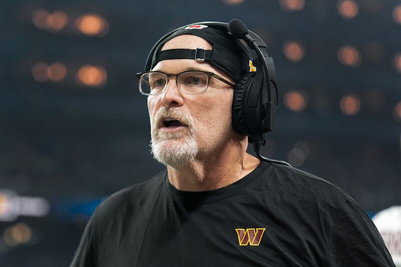 Washington Commanders head coach Dan Quinn watches against the Detroit Lions during divisional playoff game, Saturday, Jan. 18, 2025, in Detroit.