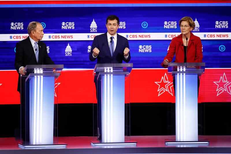 From left, Democratic presidential candidates, former New York City Mayor Mike Bloomberg, former South Bend Mayor Pete Buttigieg, and Sen. Elizabeth Warren, D-Mass., participate in a Democratic presidential primary debate at the Gaillard Center, Tuesday, Feb. 25, 2020, in Charleston, S.C., co-hosted by CBS News and the Congressional Black Caucus Institute. (AP Photo/Patrick Semansky)