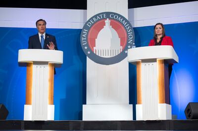 U.S. Senate candidates Mitt Romney, Republican, and Jenny Wilson, Democrat, debate in the America First Event Center in Cedar City Tuesday, Oct. 9, 2018. The event is the only televised debate for the candidates before the Nov. 6 election.