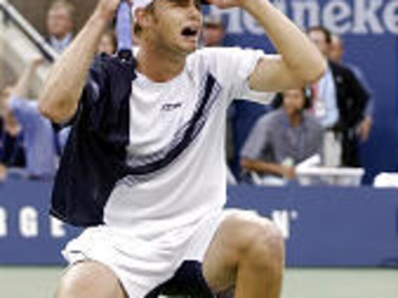 Andy Roddick celebrates his win Sunday over Juan Carlos Ferrero of Spain in the men's singles final at the U.S. Open tennis tournament.