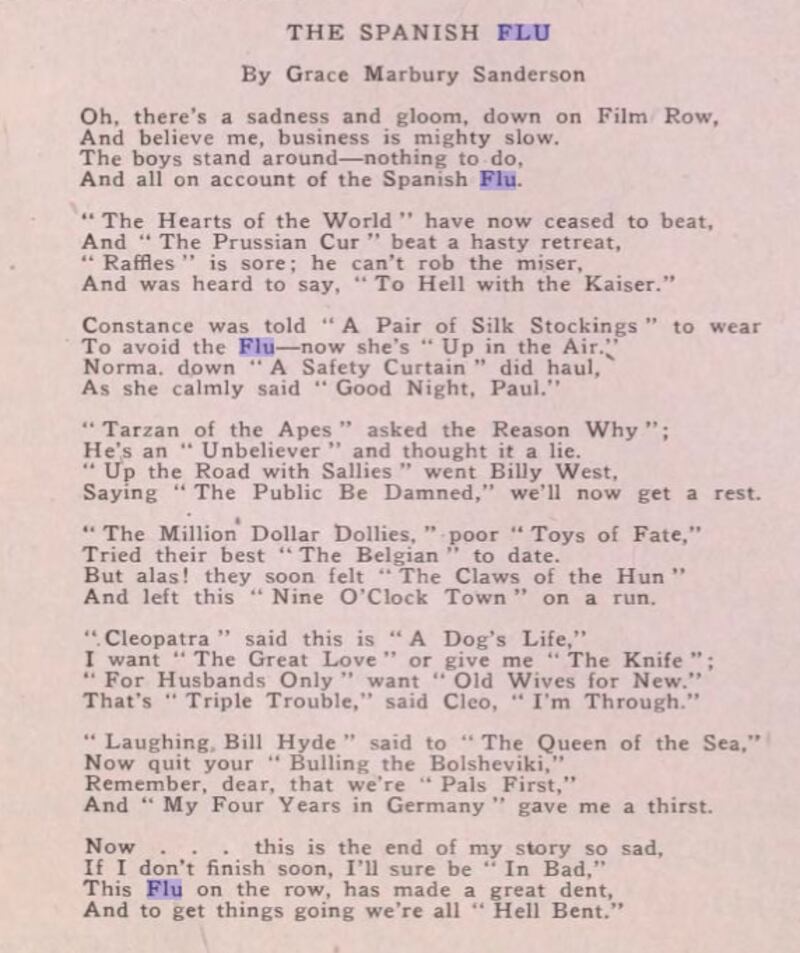 The Moving Picture News posted a poem about the Spanish flu in November 1918, about how movie theater rows were empty throughout the country.