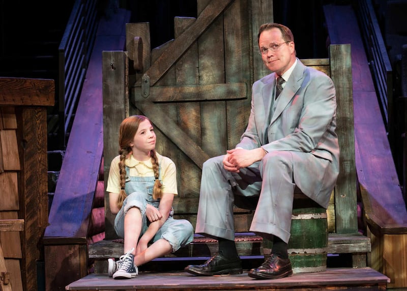 Alyssa Buckner (Tuesday/Thursday/Saturday cast) as Scout and Mitch Hall as Atticus Finch in Hale Centre Theatre's "To Kill a Mockingbird." Hall plays the role of Finch in both casts.
