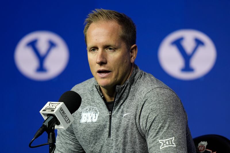 BYU head coach Kevin Young addresses the media during the Big 12 men's basketball media day, Wednesday, Oct. 23, 2024, in Kansas City, Mo.