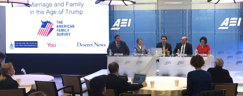 Panelists Jeremy Pope, BYU; Isabel Sawhill, Brookings Institution; Bradford Wilcox, National Marriage Project; Christopher Karpowitz, BYU; and Karlyn Bowman, American Enterprise Institute, discuss findings of the American Family Survey on Thursday, Nov. 1