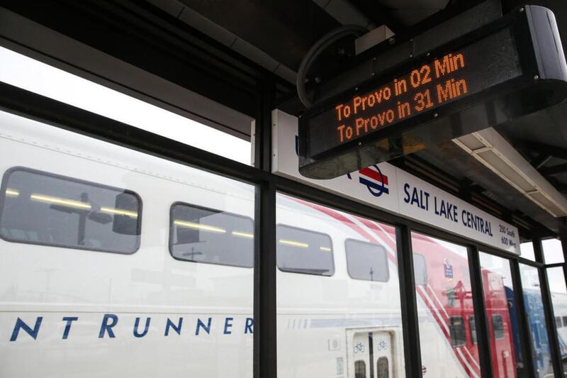 FILE— Electronic signs indicated the schedules for upcoming FrontRunner train departures at the Utah Transit Authority\'s Salt Lake Central Station on Tuesday, Dec. 6, 2016.