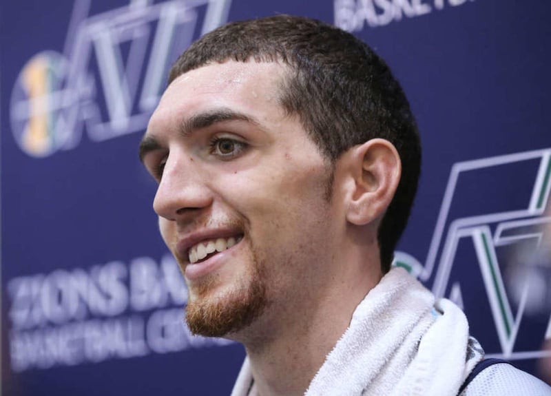 Former Olympus high school player Nick Paulos talks with the media as the Utah Jazz work out six more prospects Wednesday, June 3, 2015, at the the Zions Back Baseketball Center in Salt Lake City.