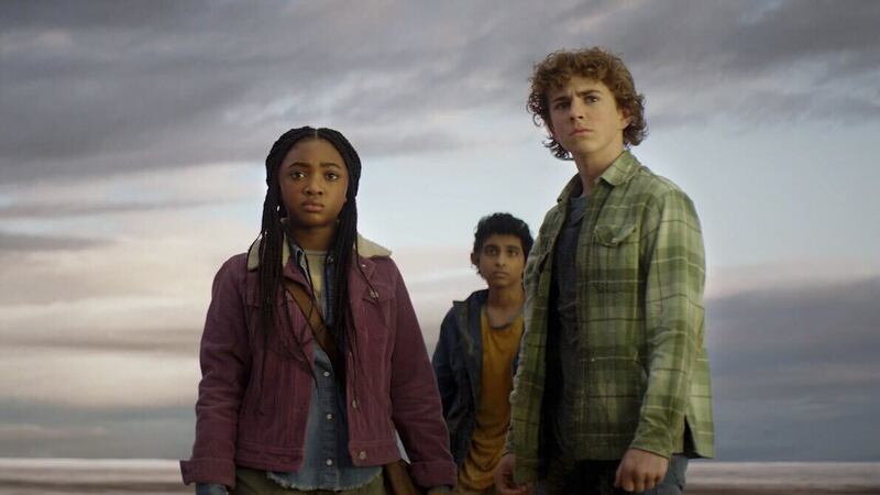 Walker Scobell, Leah Sava Jeffries, and Aryan Simhadri, in a scene from “Percy Jackson and the Olympians.”