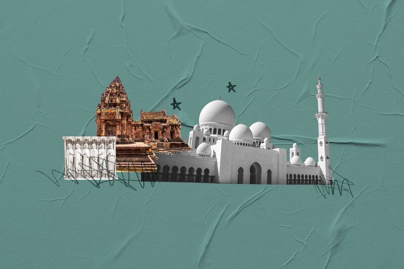 Statutes of saints, a Buddhist temple and a mosque are overlaid on top of each other in a collage on top of a teal background.