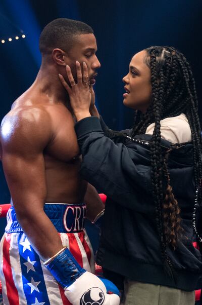 Michael B. Jordan stars as Adonis Creed and Tessa Thompson as Bianca in “Creed II.”
