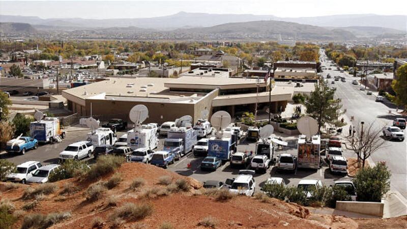 Media gather at the St. George Courthouse for the Warren Jeffs sentencing Tuesday.