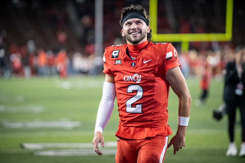 Cincinnati quarterback Brendan Sorsby (2) walks off the field after a NCAA college football game against Baylor, Oct. 25, 2025, in Cincinnati.