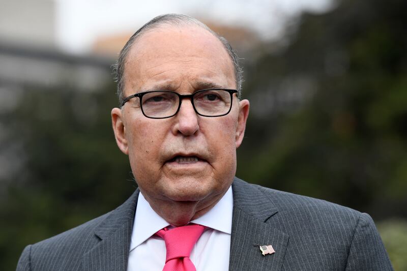 FILE - In this Feb. 7, 2019 file photo White House National Economic Council Director Larry Kudlow speaks to reporters at the White House in Washington. On Friday, March 29, 2019, Kudlow called on the Federal Reserve to cut its key interest rate by a half