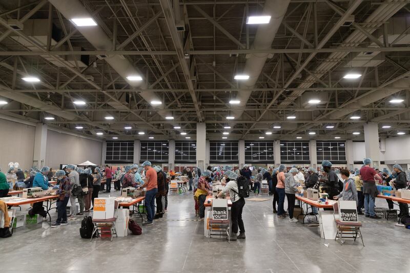 Volunteer stations at the Silicon Slopes Serves event on October 14, 2021, in Salt Lake City, Utah.