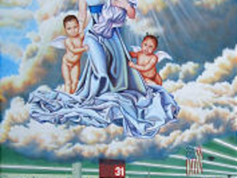 The painting "Blessed Art Thou" features Angelina Jolie and her children hovering in the heavens.