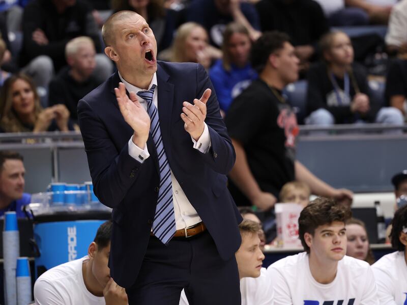 Brigham Young Cougars head coach Mark Pope yells out to his players as BYU and Washington State play in the NIT quarterfinals at the Marriott Center in Provo on Wednesday, March 23, 2022. Washington State won 77-58.