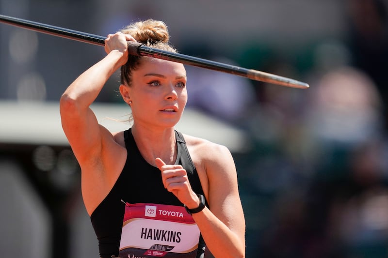 Chari Hawkins competes in the javelin throw for the women’s heptathlon during the U.S. track and field championships in Eugene, Ore., Friday, July 7, 2023. (AP Photo/Ashley Landis)
